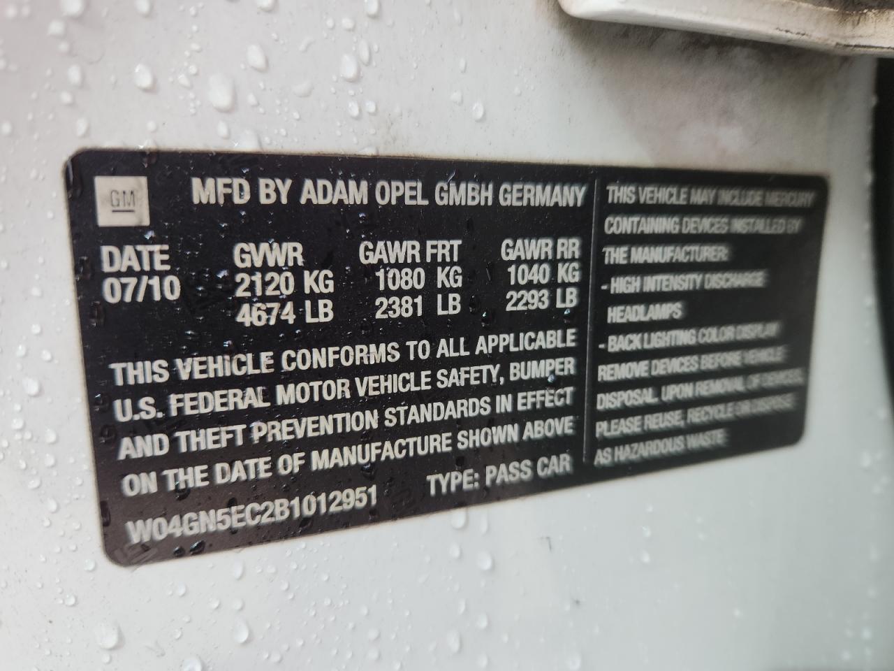 2011 Buick Regal Cxl VIN: W04GN5EC2B1012951 Lot: 86497115