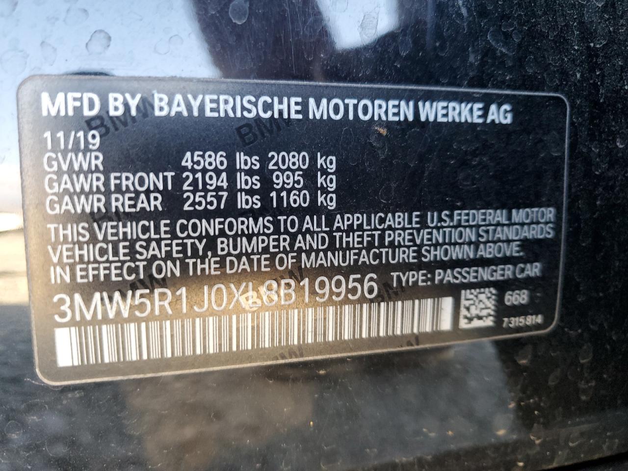 2020 BMW 330I VIN: 3MW5R1J0XL8B19956 Lot: 82697165