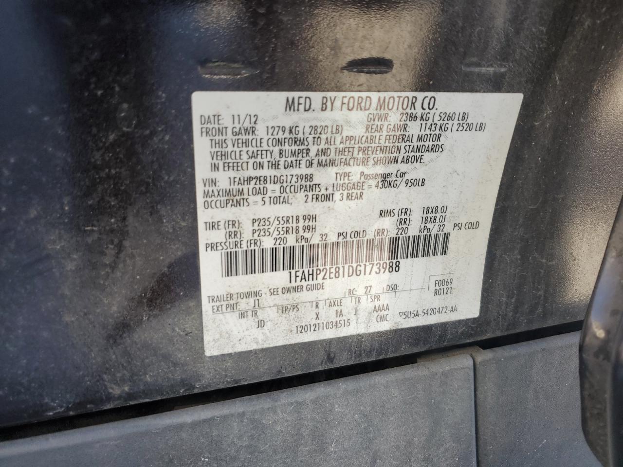 2013 Ford Taurus Sel VIN: 1FAHP2E81DG173988 Lot: 86852525