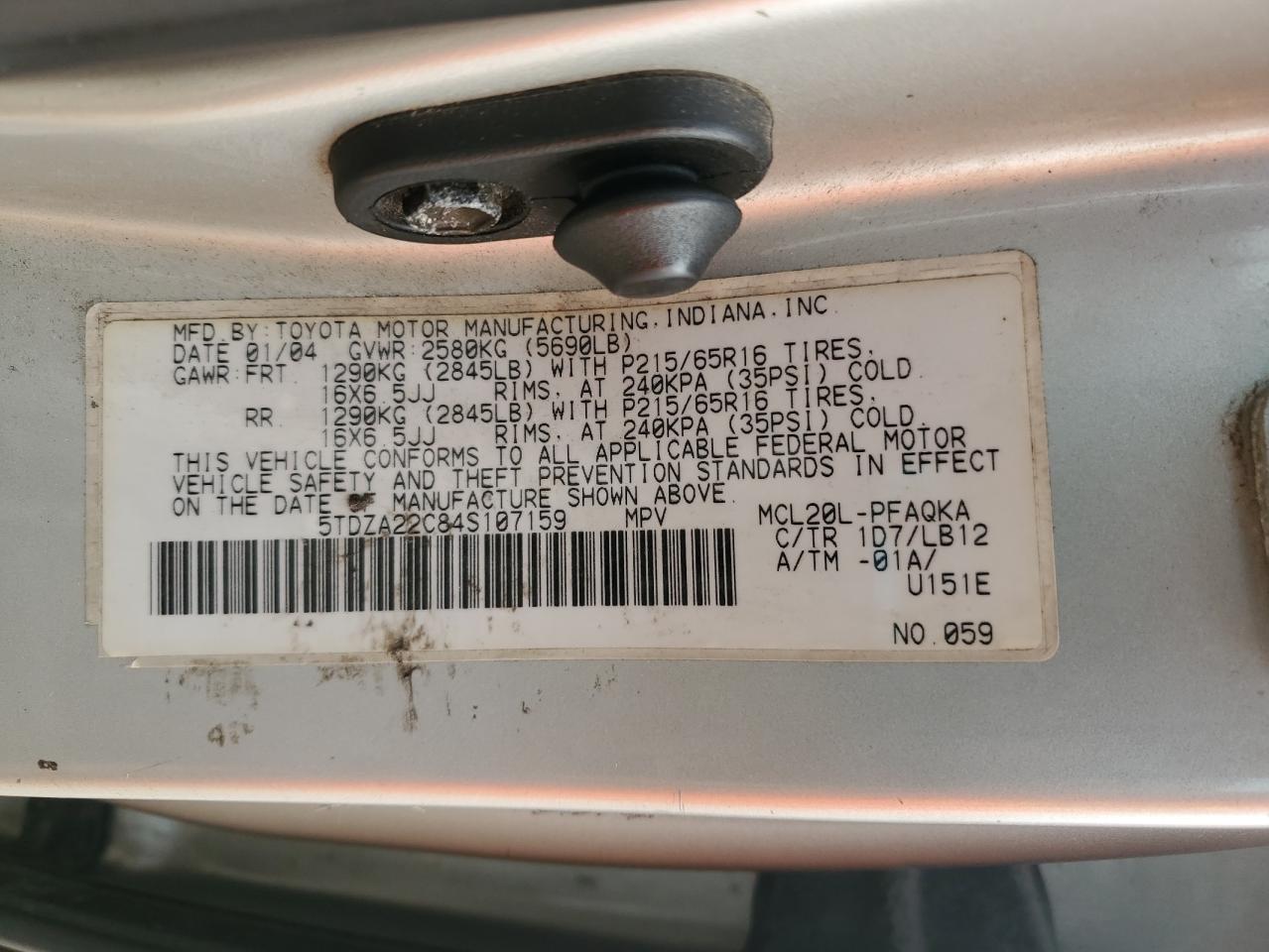 2004 Toyota Sienna Xle VIN: 5TDZA22C84S107159 Lot: 90580445