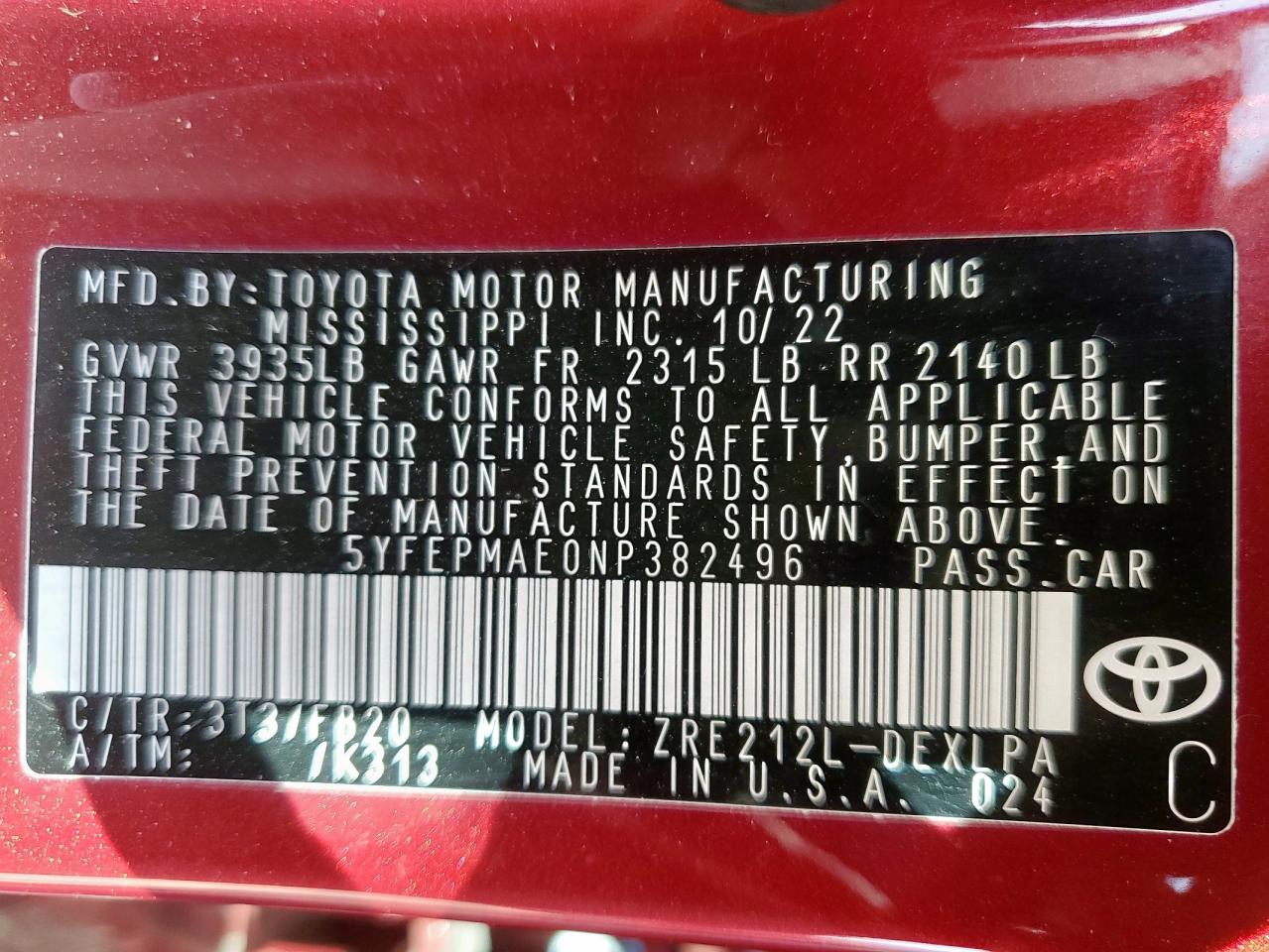 2022 Toyota Corolla Le VIN: 5YFEPMAE0NP382496 Lot: 82159515