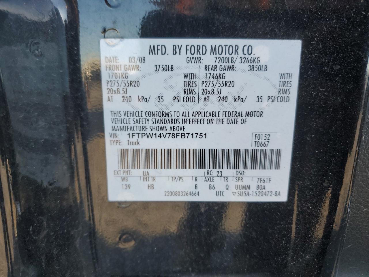 2008 Ford F150 Supercrew VIN: 1FTPW14V78FB71751 Lot: 82718895