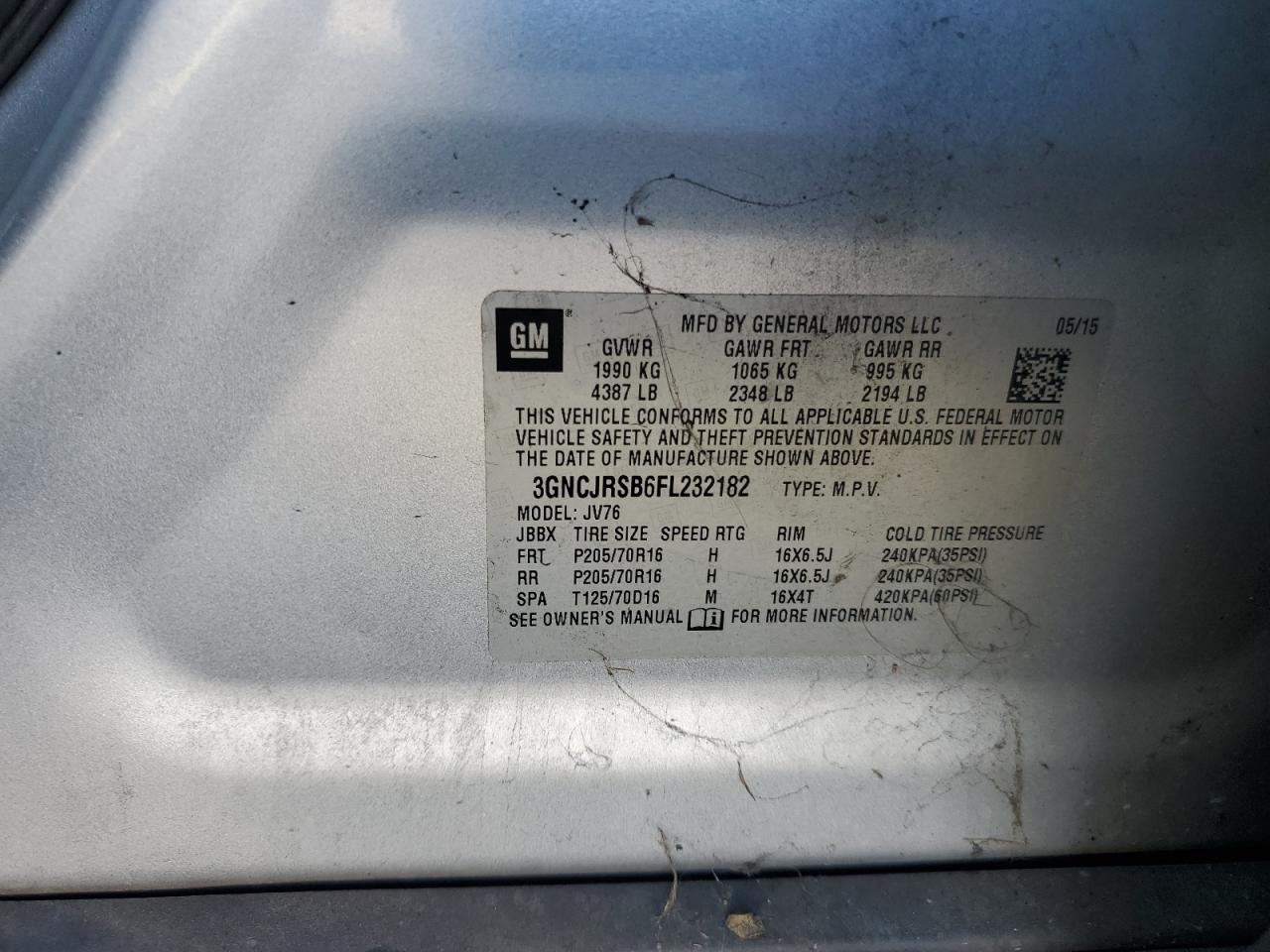 2015 Chevrolet Trax 1Lt VIN: 3GNCJRSB6FL232182 Lot: 87056635