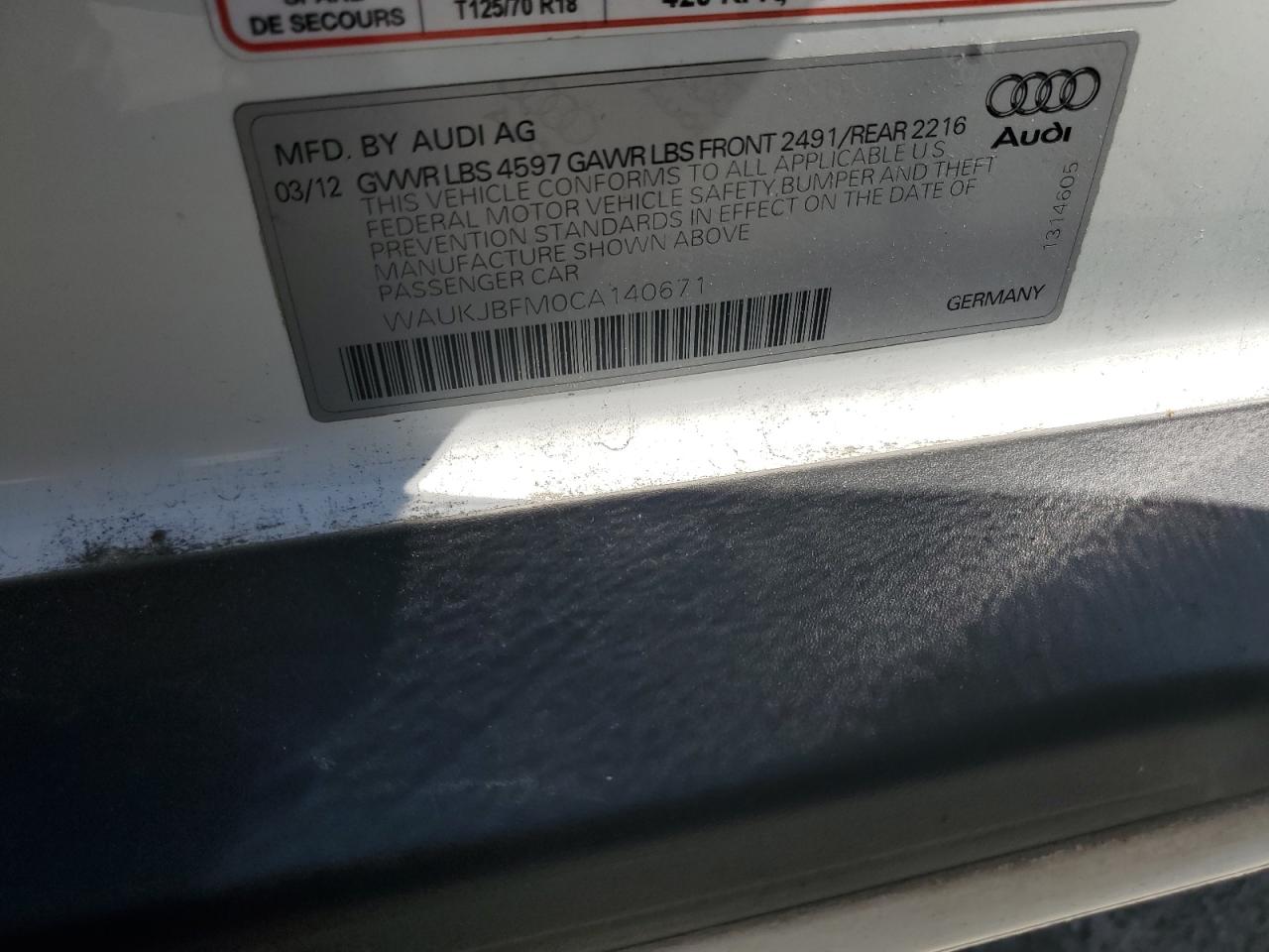 2012 Audi A3 Premium Plus VIN: WAUKJBFM0CA140671 Lot: 86145815