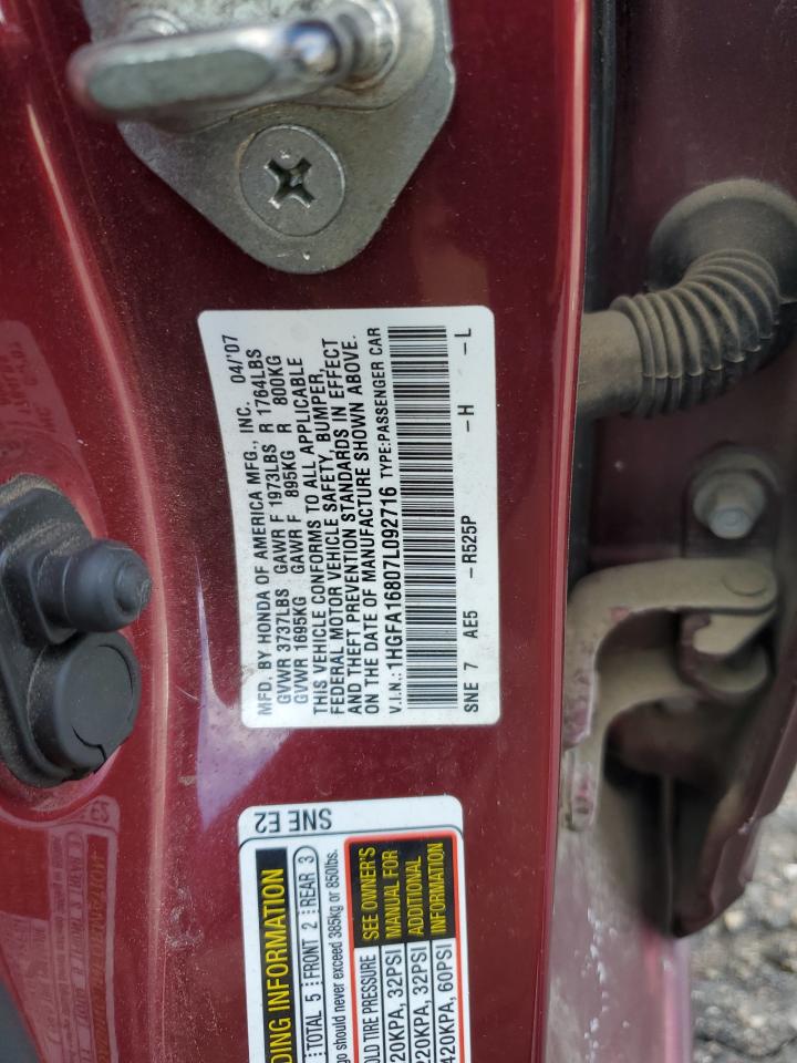 2007 Honda Civic Ex VIN: 1HGFA16807L092716 Lot: 85871365