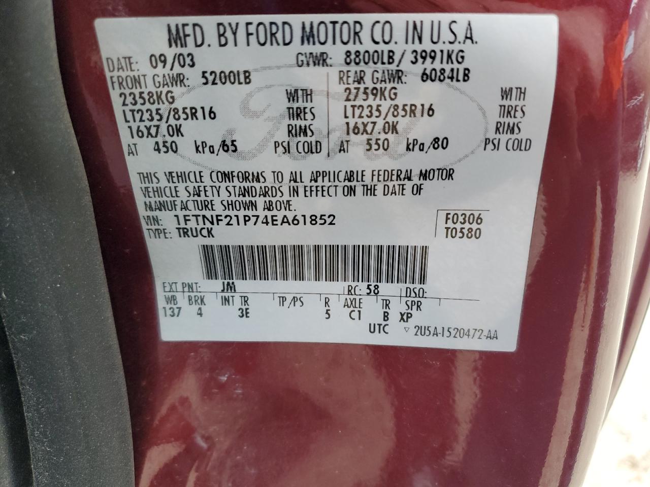 2004 Ford F250 Super Duty VIN: 1FTNF21P74EA61852 Lot: 87275955