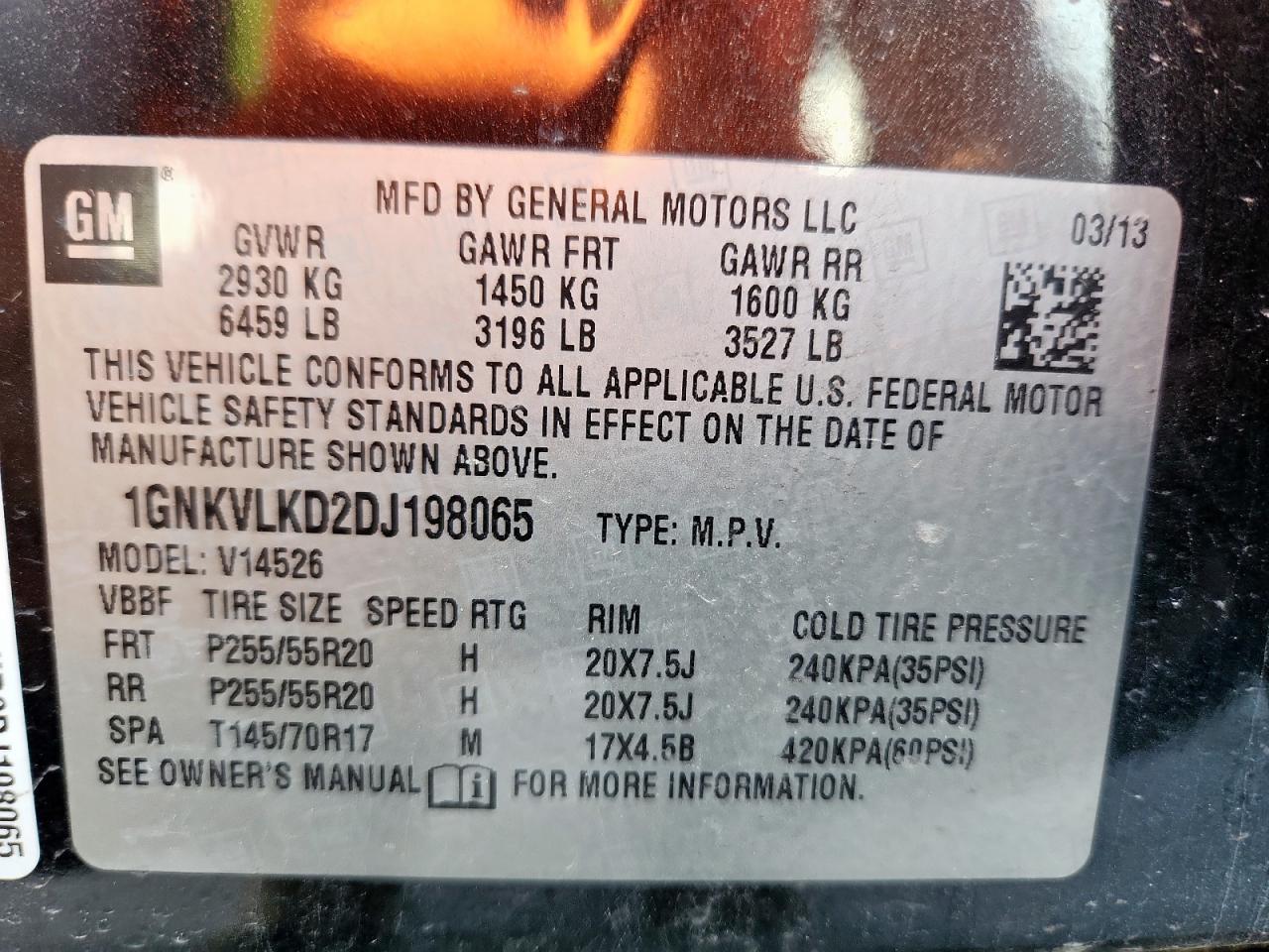 2013 Chevrolet Traverse Ltz VIN: 1GNKVLKD2DJ198065 Lot: 90501385