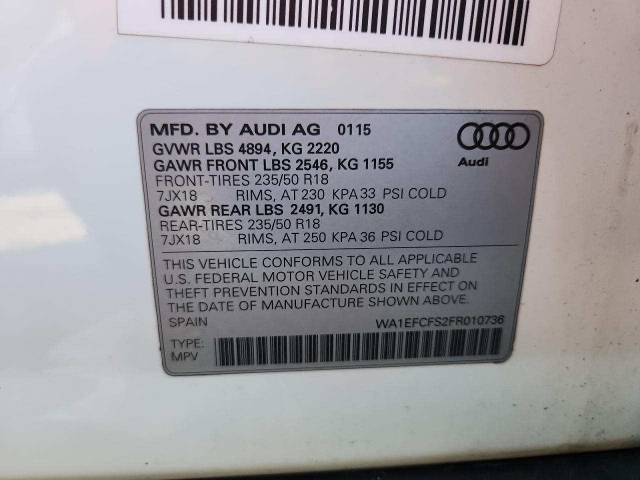 2015 Audi Q3 Premium Plus VIN: WA1EFCFS2FR010736 Lot: 86445405