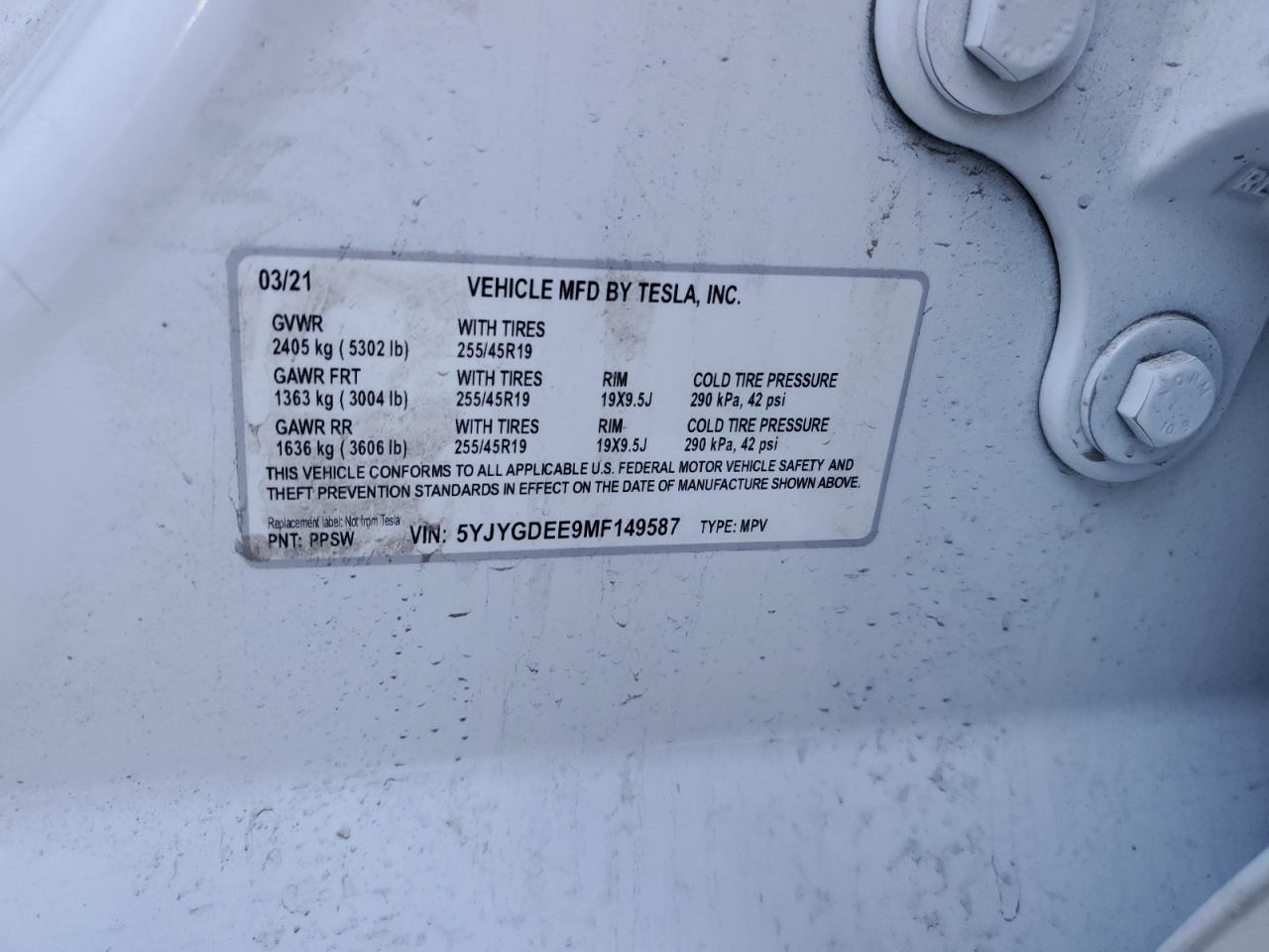 2021 Tesla Model Y VIN: 5YJYGDEE9MF149587 Lot: 87286175