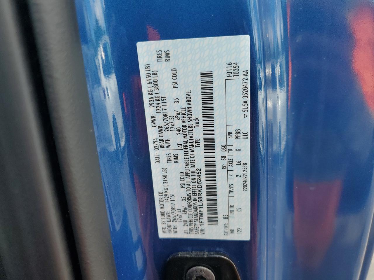 2024 Ford F150 Xl VIN: 1FTMF1L58RKD52452 Lot: 82569145