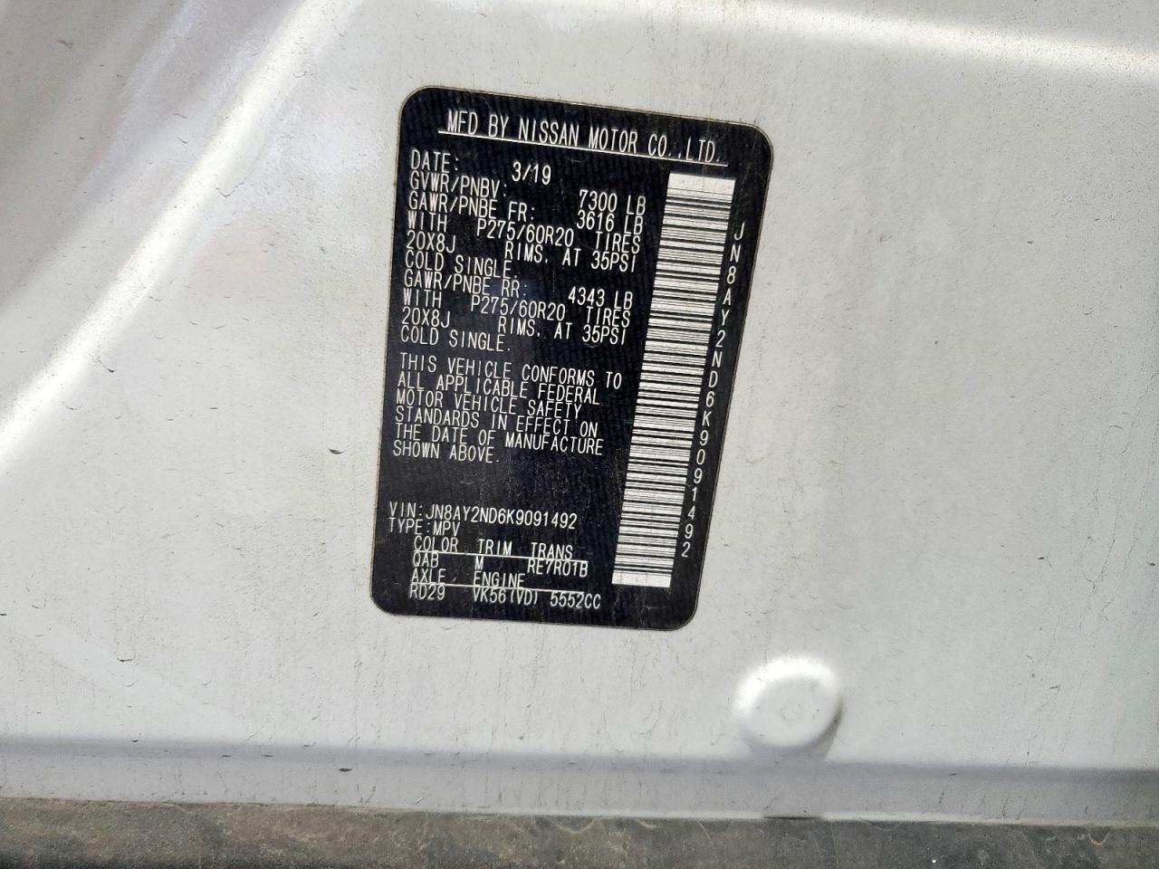 2019 Nissan Armada Sv VIN: JN8AY2ND6K9091492 Lot: 82227345