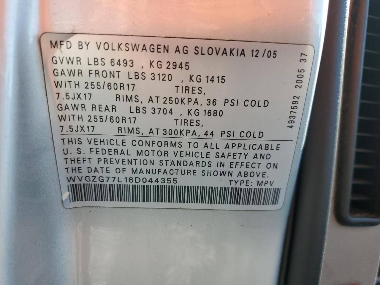 2006 Volkswagen Touareg 3.2 VIN: WVGZG77L16D044355 Lot: 89678475