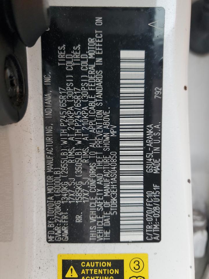 2010 Toyota Highlander VIN: 5TDBK3EH1AS040850 Lot: 82355895