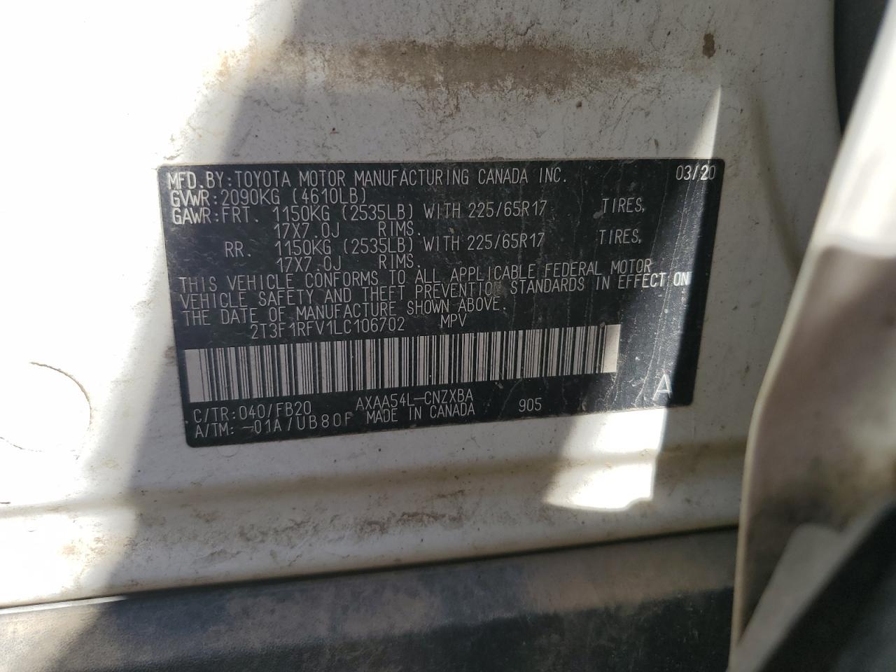 2020 Toyota Rav4 Le VIN: 2T3F1RFV1LC106702 Lot: 85533345