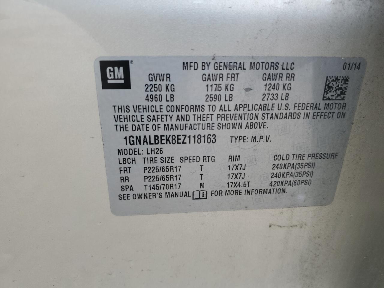 2014 Chevrolet Equinox Lt VIN: 1GNALBEK8EZ118163 Lot: 82217905