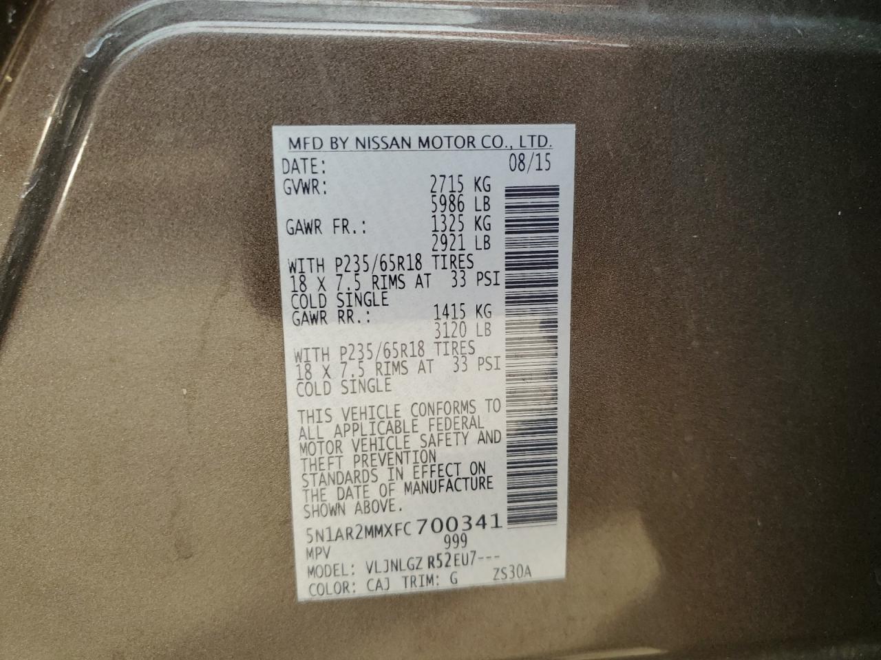 2015 Nissan Pathfinder S VIN: 5N1AR2MMXFC700341 Lot: 86073925