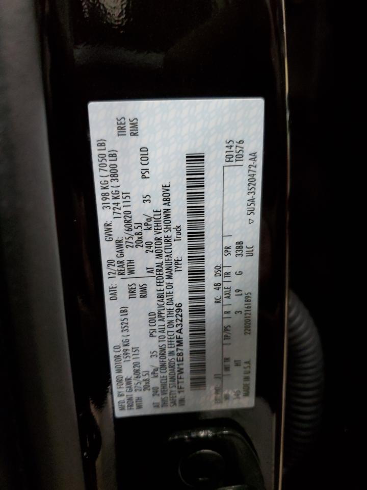 2021 Ford F150 Supercrew VIN: 1FTFW1E87MFA32296 Lot: 86230645