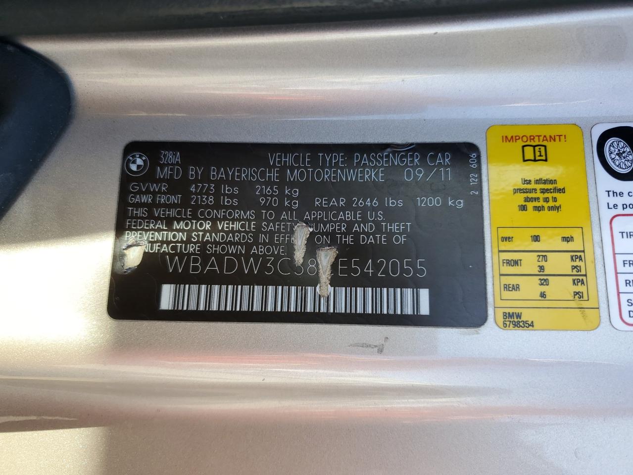 2012 BMW 328 I VIN: WBADW3C58CE542055 Lot: 86221995