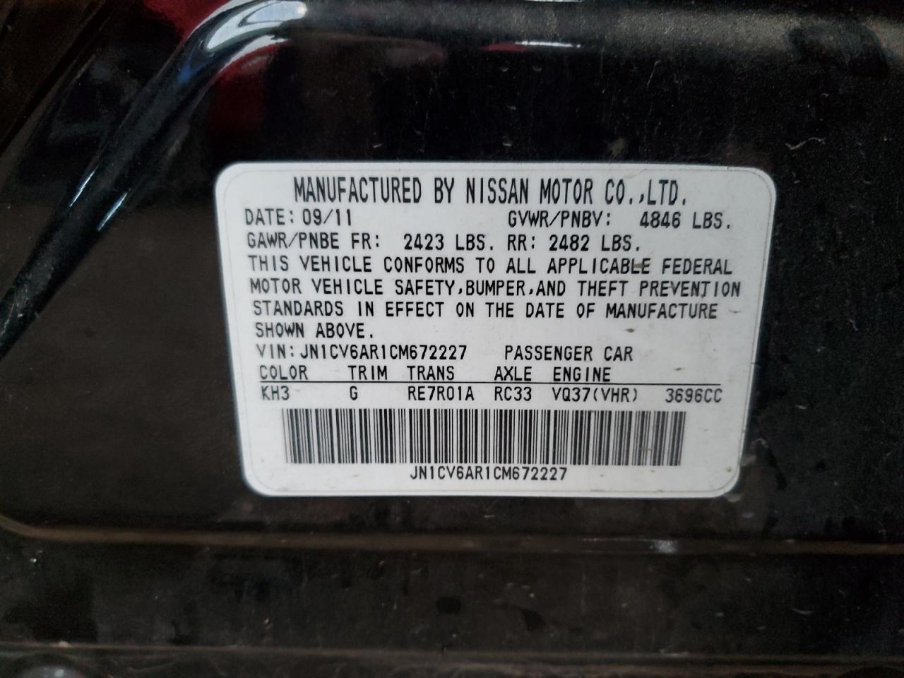 2012 Infiniti G37 VIN: JN1CV6AR1CM672227 Lot: 85961415