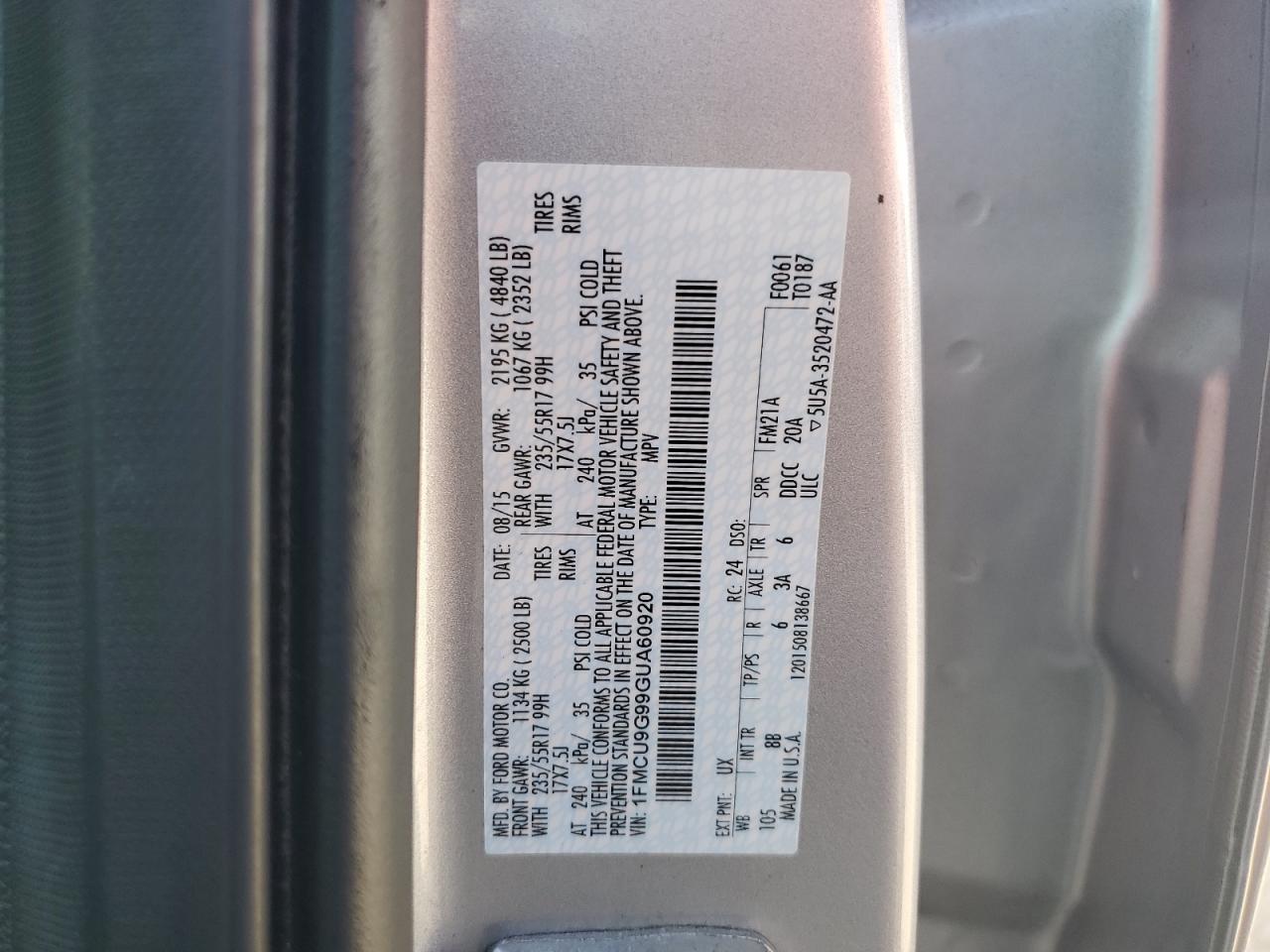 2016 Ford Escape Se VIN: 1FMCU9G99GUA60920 Lot: 85559155