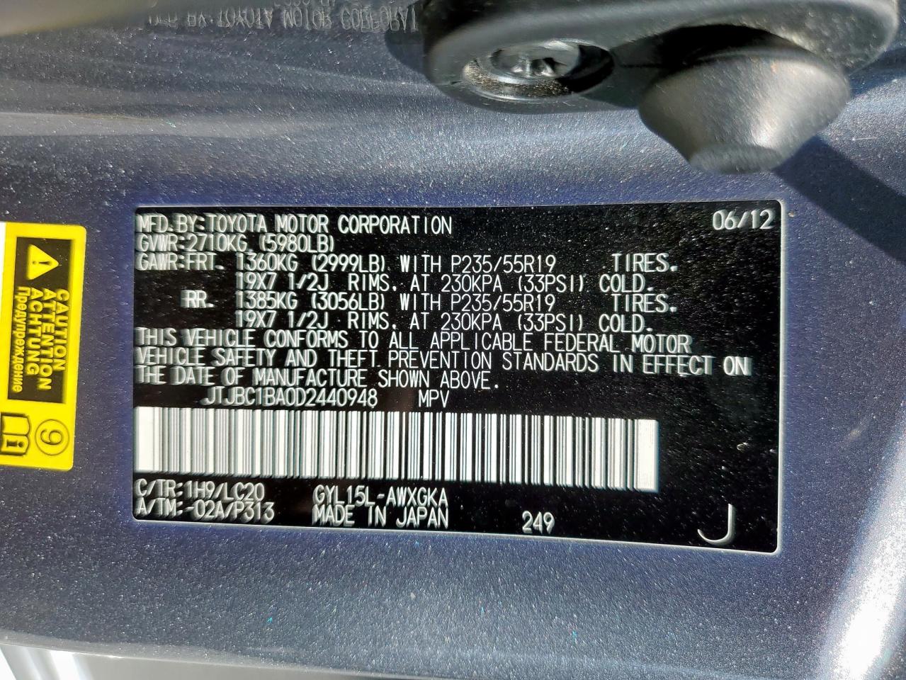 2013 Lexus Rx 450H VIN: JTJBC1BA0D2440948 Lot: 82391135