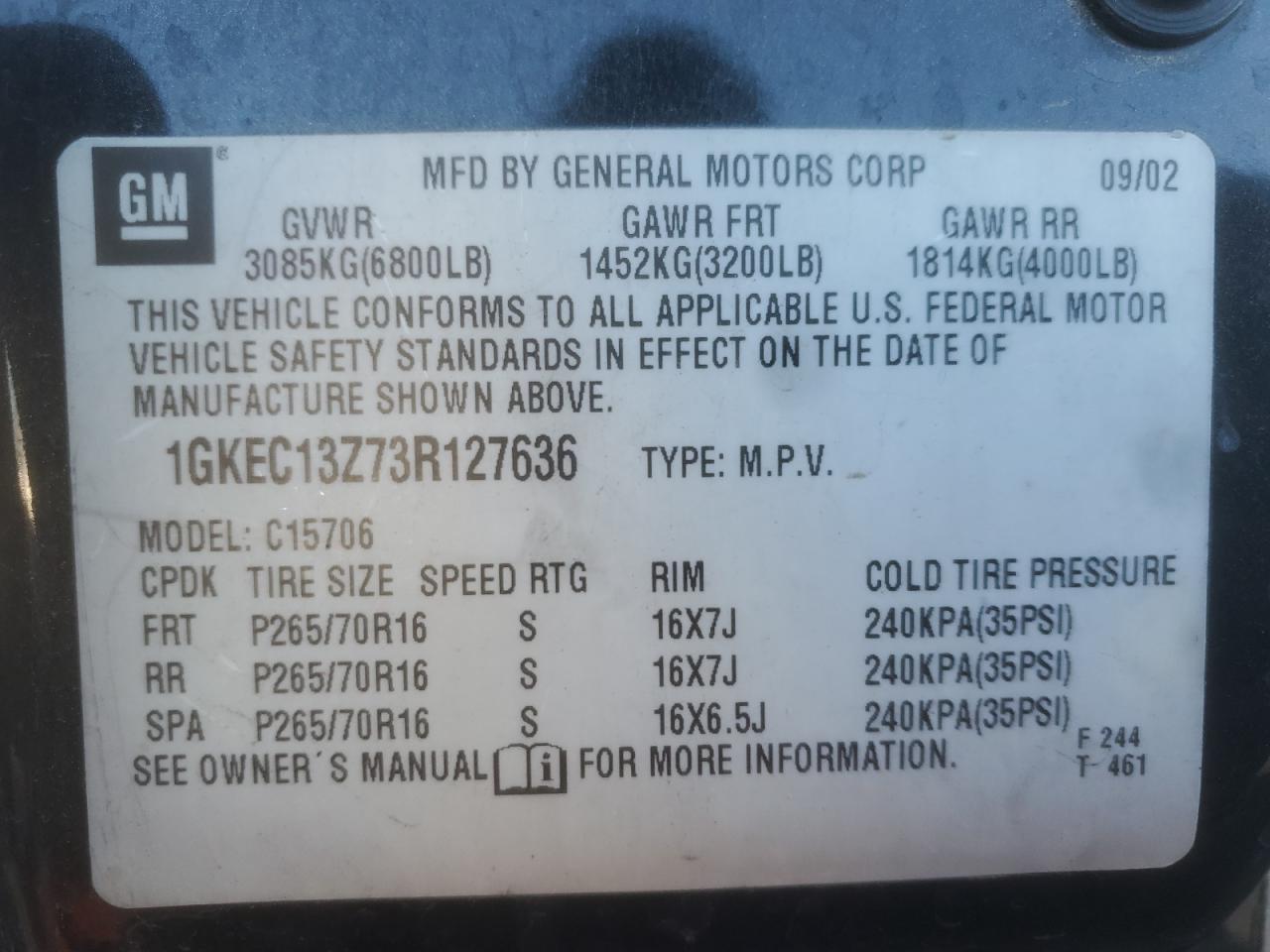 2003 GMC Yukon VIN: 1GKEC13Z73R127636 Lot: 86899635