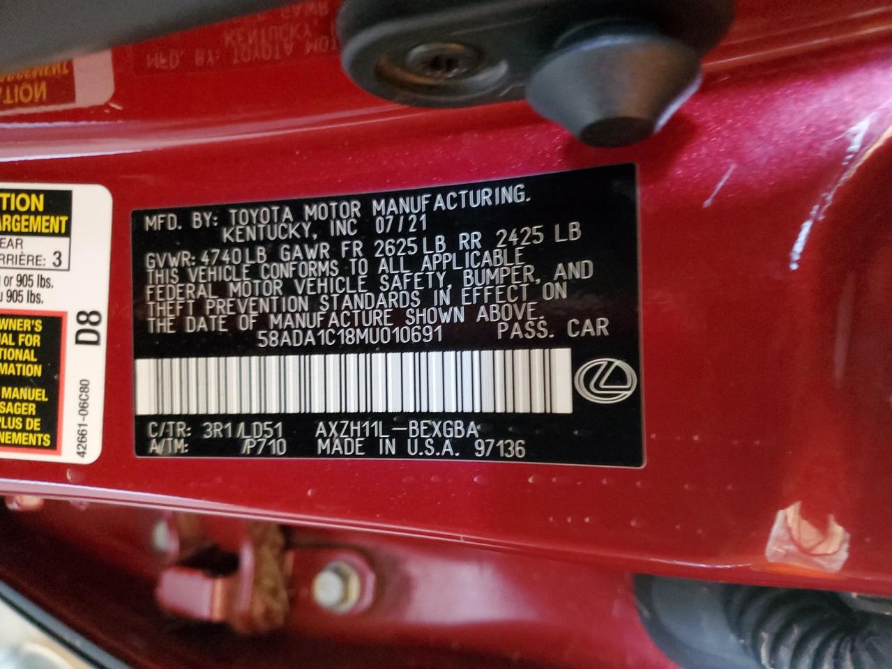 2021 Lexus Es 300H VIN: 58ADA1C18MU010691 Lot: 81952125