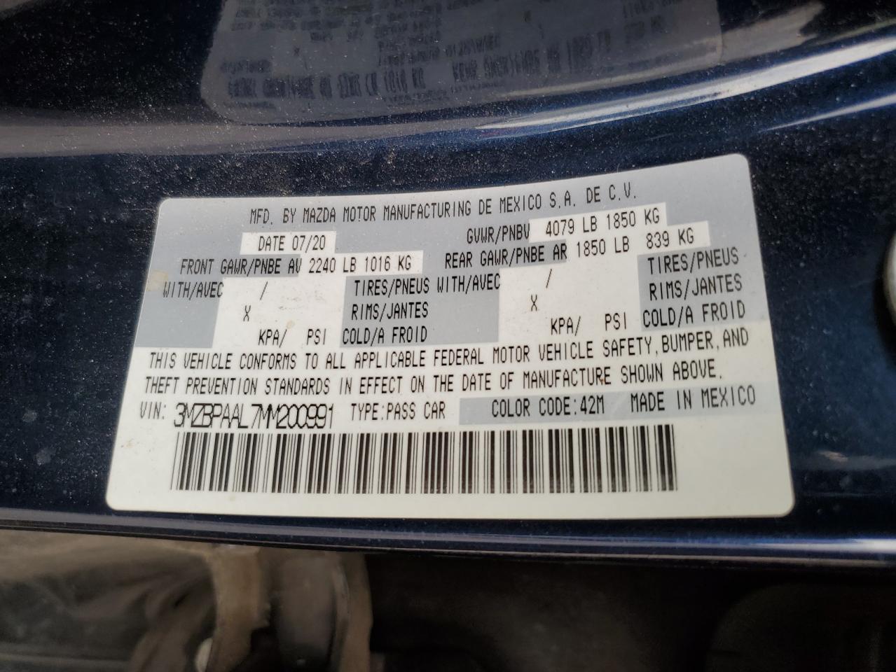 2021 Mazda 3 VIN: 3MZBPAAL7MM200991 Lot: 82383075