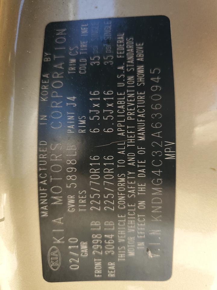 2010 Kia Sedona Lx VIN: KNDMG4C32A6360945 Lot: 84428975