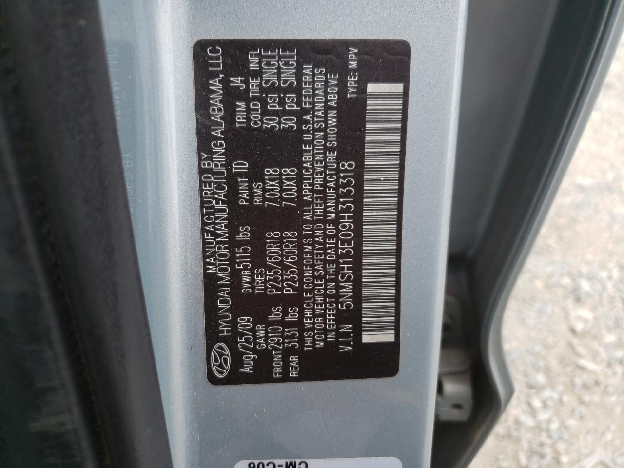 2009 Hyundai Santa Fe Se VIN: 5NMSH13E09H313318 Lot: 81930545