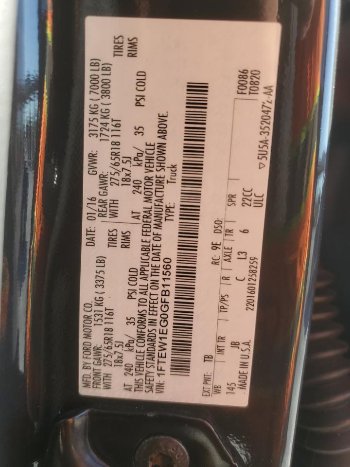 2016 Ford F150 Supercrew VIN: 1FTEW1EG0GFB11560 Lot: 86230775