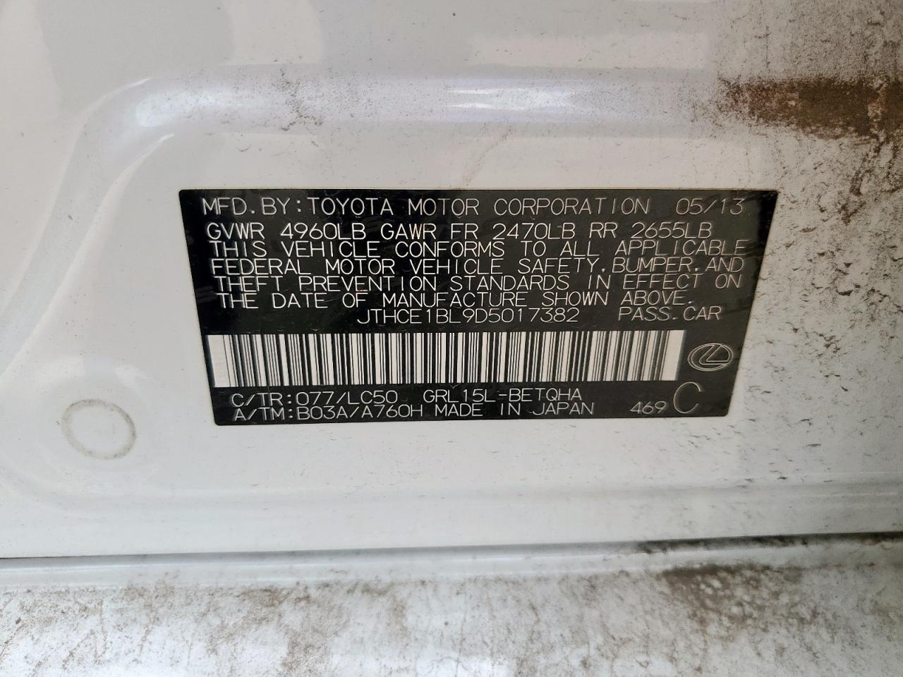 2013 Lexus Gs 350 VIN: JTHCE1BL9D5017382 Lot: 85264105