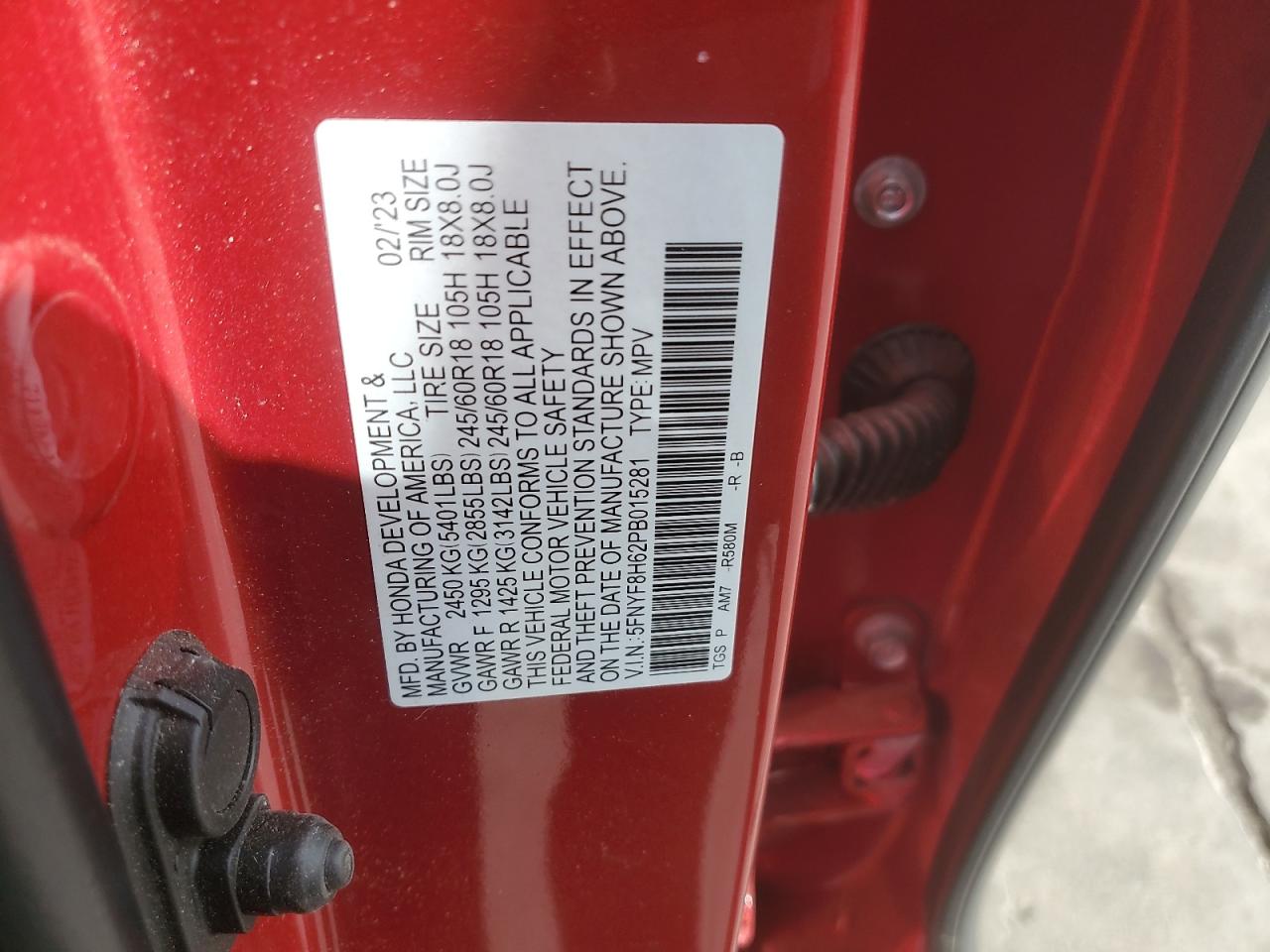 2023 Honda Passport Trail Sport VIN: 5FNYF8H62PB015281 Lot: 82361255