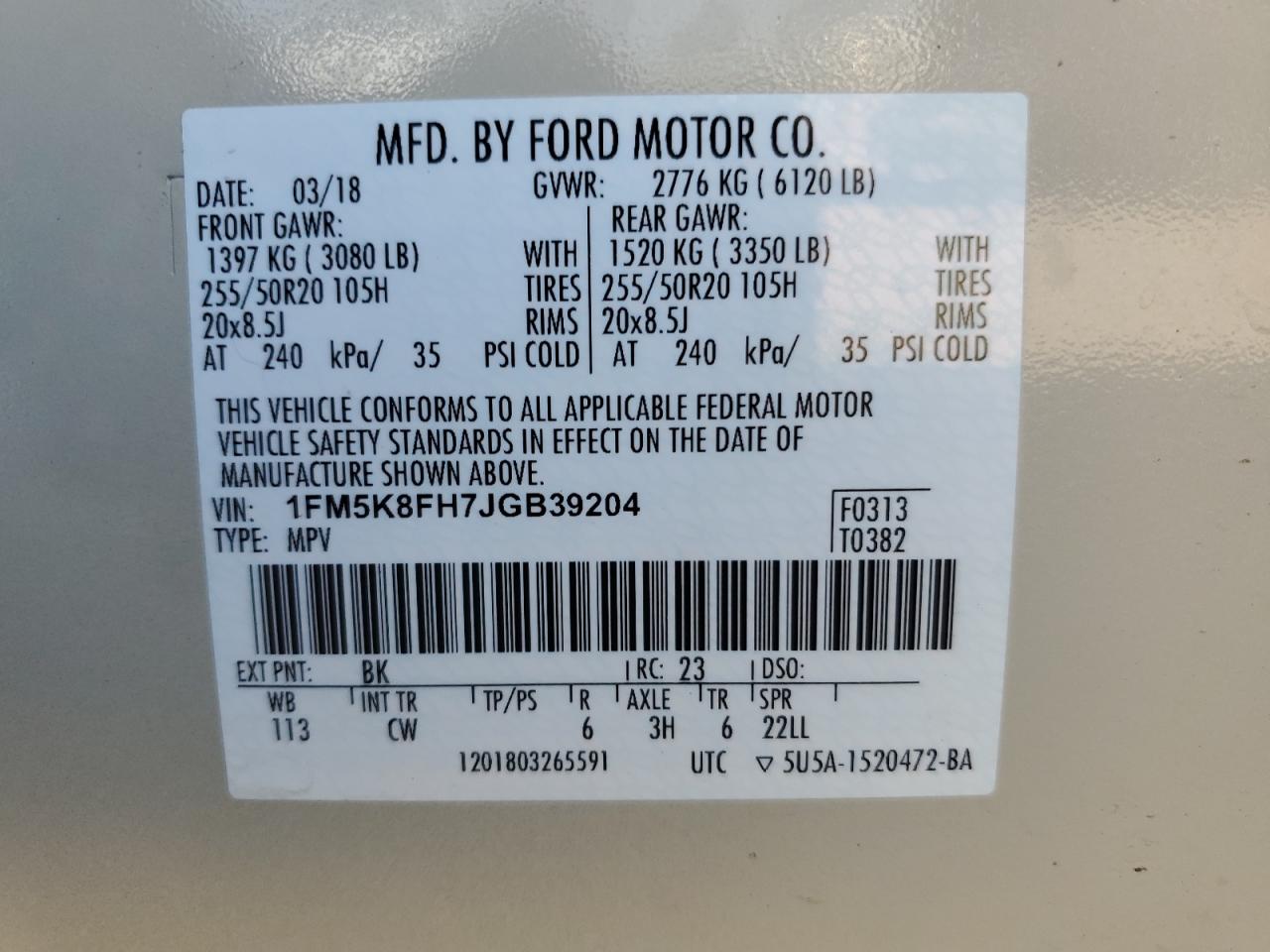 2018 Ford Explorer Limited VIN: 1FM5K8FH7JGB39204 Lot: 84937265