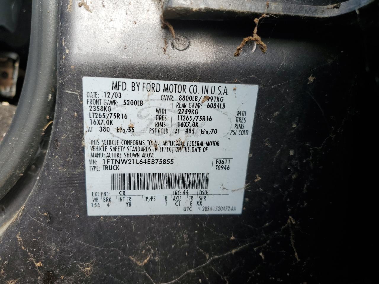 2004 Ford F250 Super Duty VIN: 1FTNW21L64EB75855 Lot: 82473365