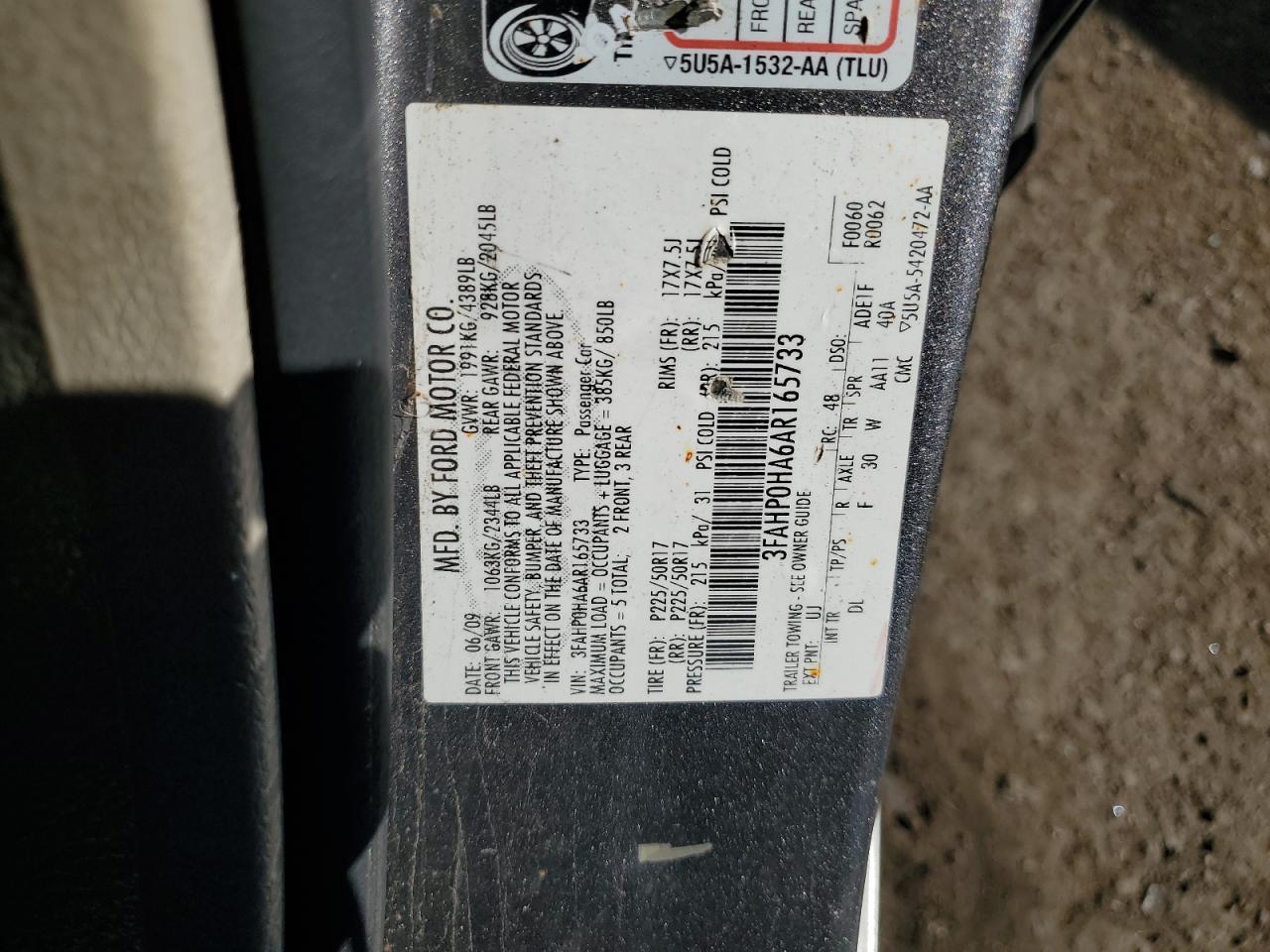 2010 Ford Fusion Se VIN: 3FAHP0HA6AR165733 Lot: 85885475