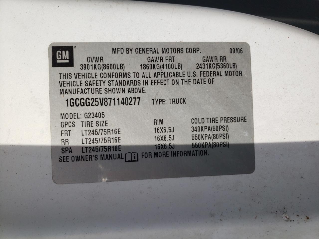 2007 Chevrolet Express G2500 VIN: 1GCGG25V871140277 Lot: 85068985