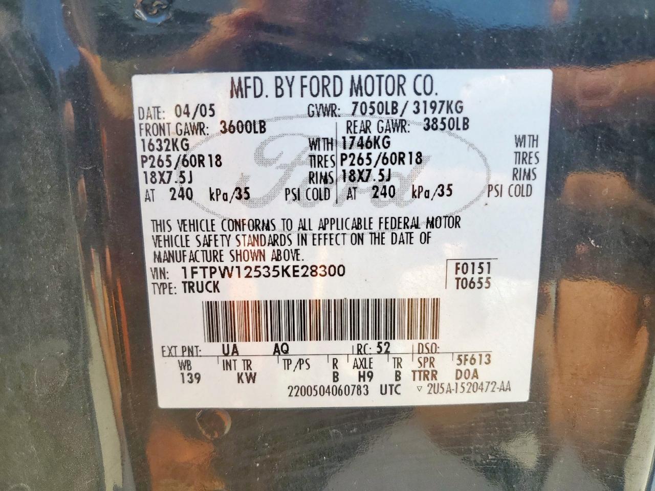 2005 Ford F150 Supercrew VIN: 1FTPW12535KE28300 Lot: 83981875