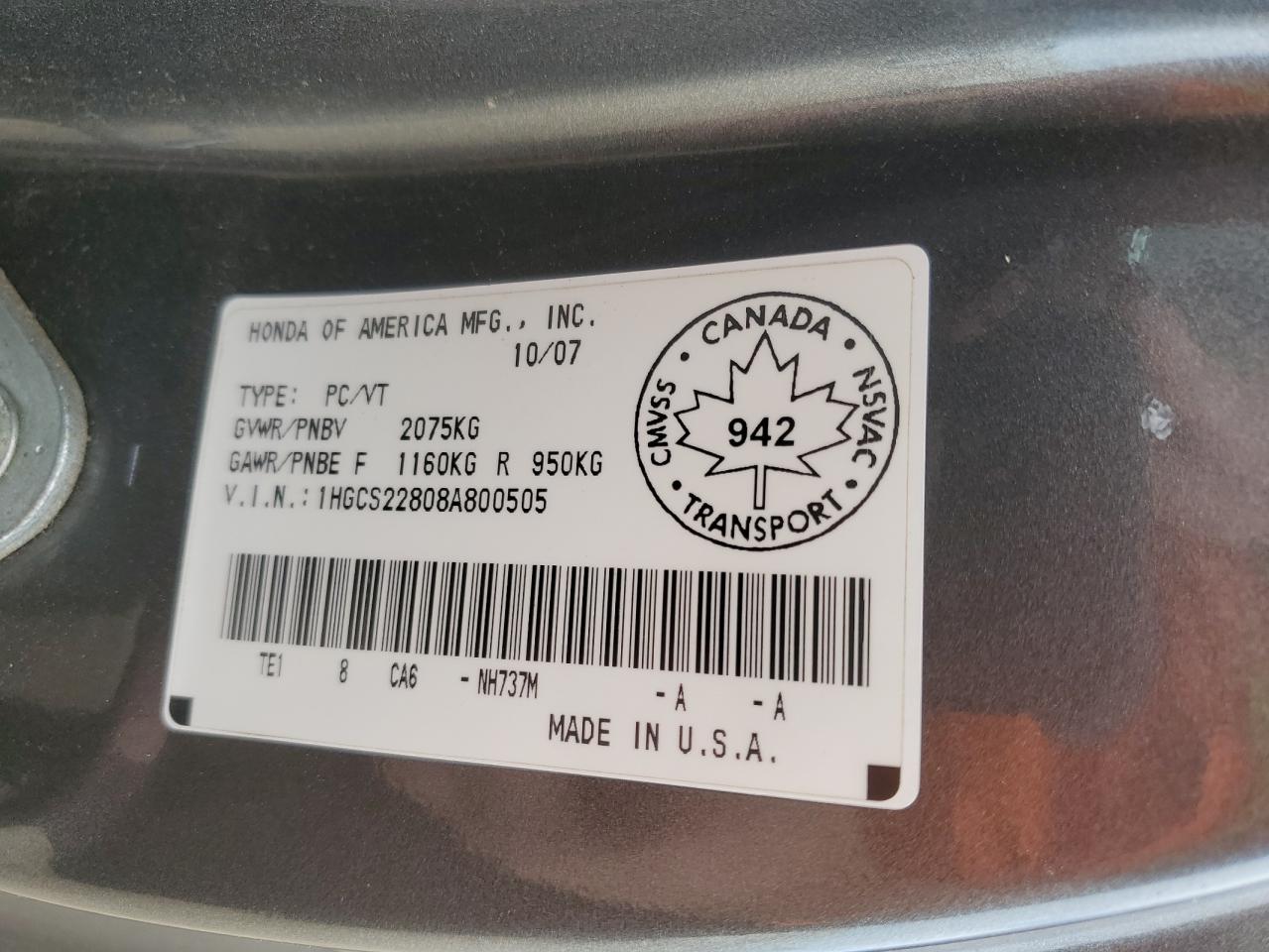 2008 Honda Accord Exl VIN: 1HGCS22808A800505 Lot: 84790575