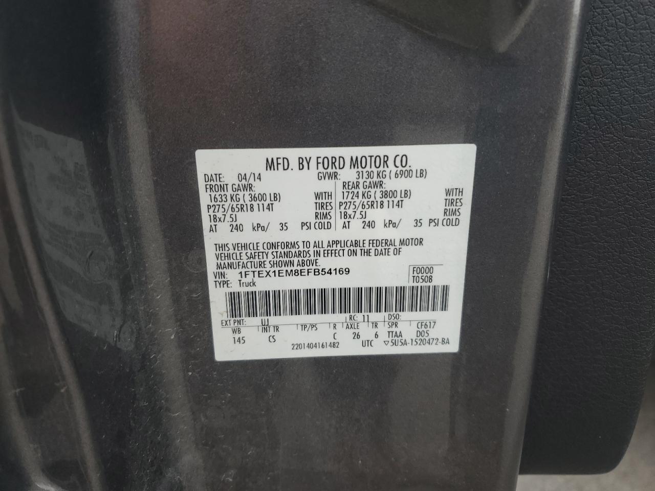 2014 Ford F150 Super Cab VIN: 1FTEX1EM8EFB54169 Lot: 89726655