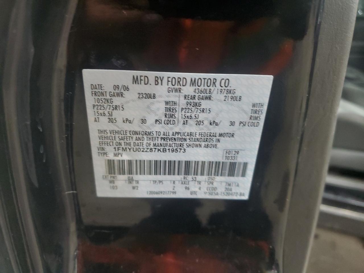 2007 Ford Escape Xls VIN: 1FMYU02Z87KB19573 Lot: 86087545