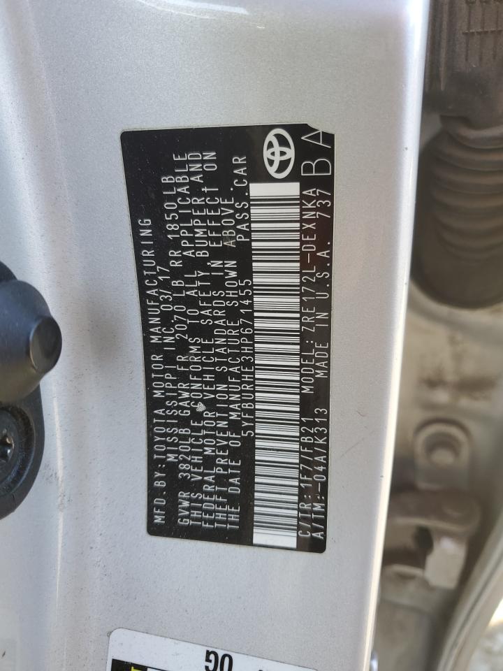 2017 Toyota Corolla L VIN: 5YFBURHE3HP671455 Lot: 90298565