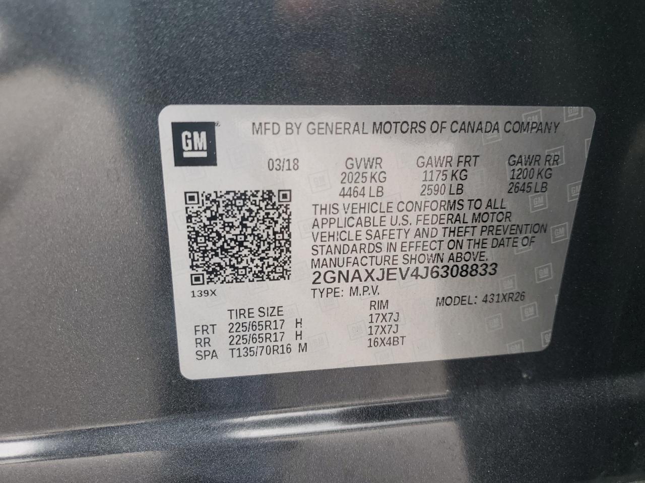 2018 Chevrolet Equinox Lt VIN: 2GNAXJEV4J6308833 Lot: 86087165