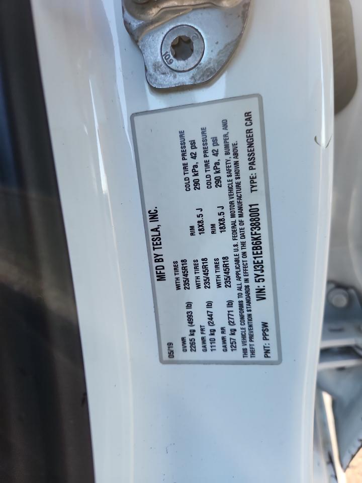 2019 Tesla Model 3 VIN: 5YJ3E1EB6KF388001 Lot: 85087885