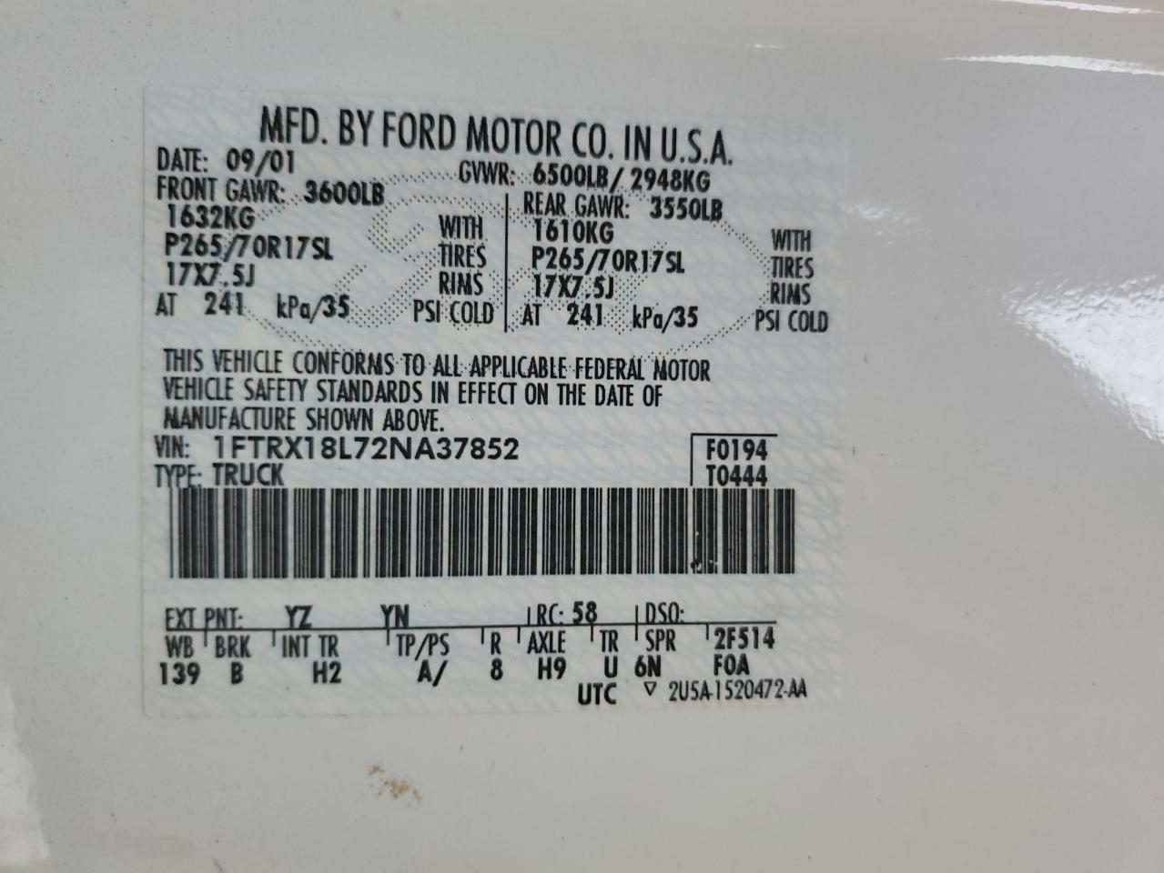 2002 Ford F150 VIN: 1FTRX18L72NA37852 Lot: 82763095