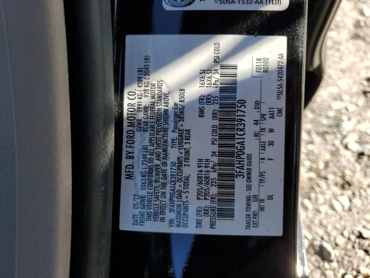 2012 Ford Fusion S VIN: 3FAHP0GA1CR391750 Lot: 86143945