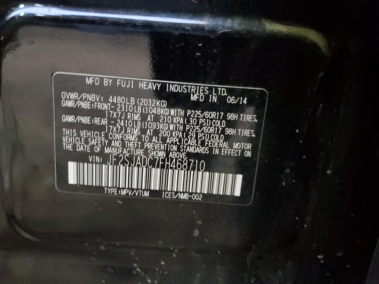 2015 Subaru Forester 2.5I Premium VIN: JF2SJADC7FH468710 Lot: 84288115