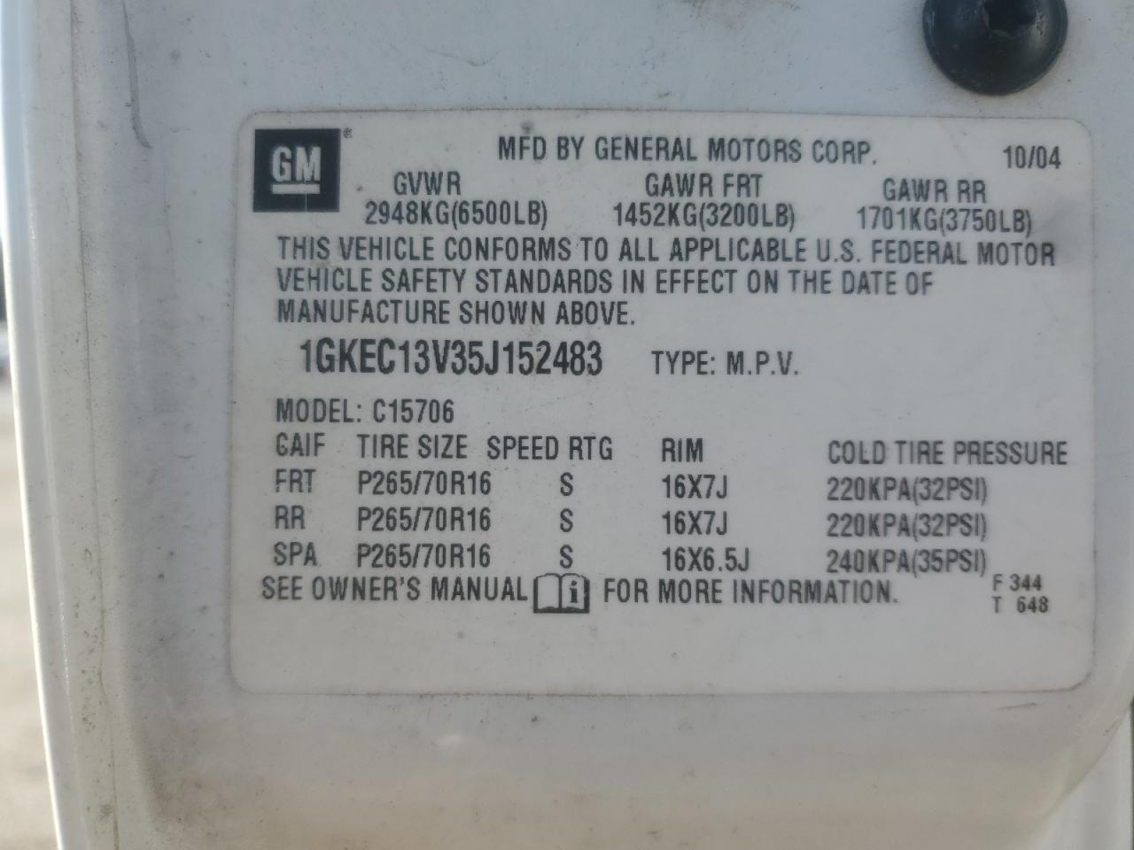 2005 GMC Yukon VIN: 1GKEC13V35J152483 Lot: 84877335