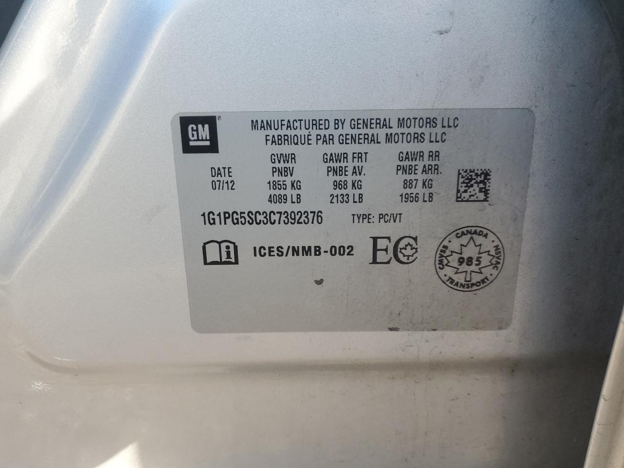 2012 Chevrolet Cruze Lt VIN: 1G1PG5SC3C7392376 Lot: 85559955