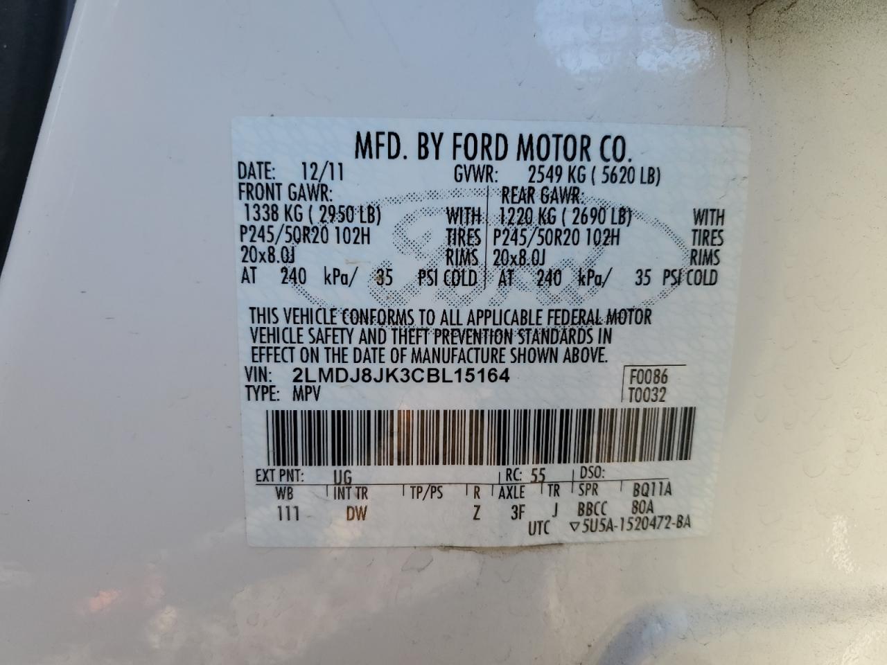 2012 Lincoln Mkx VIN: 2LMDJ8JK3CBL15164 Lot: 86819965